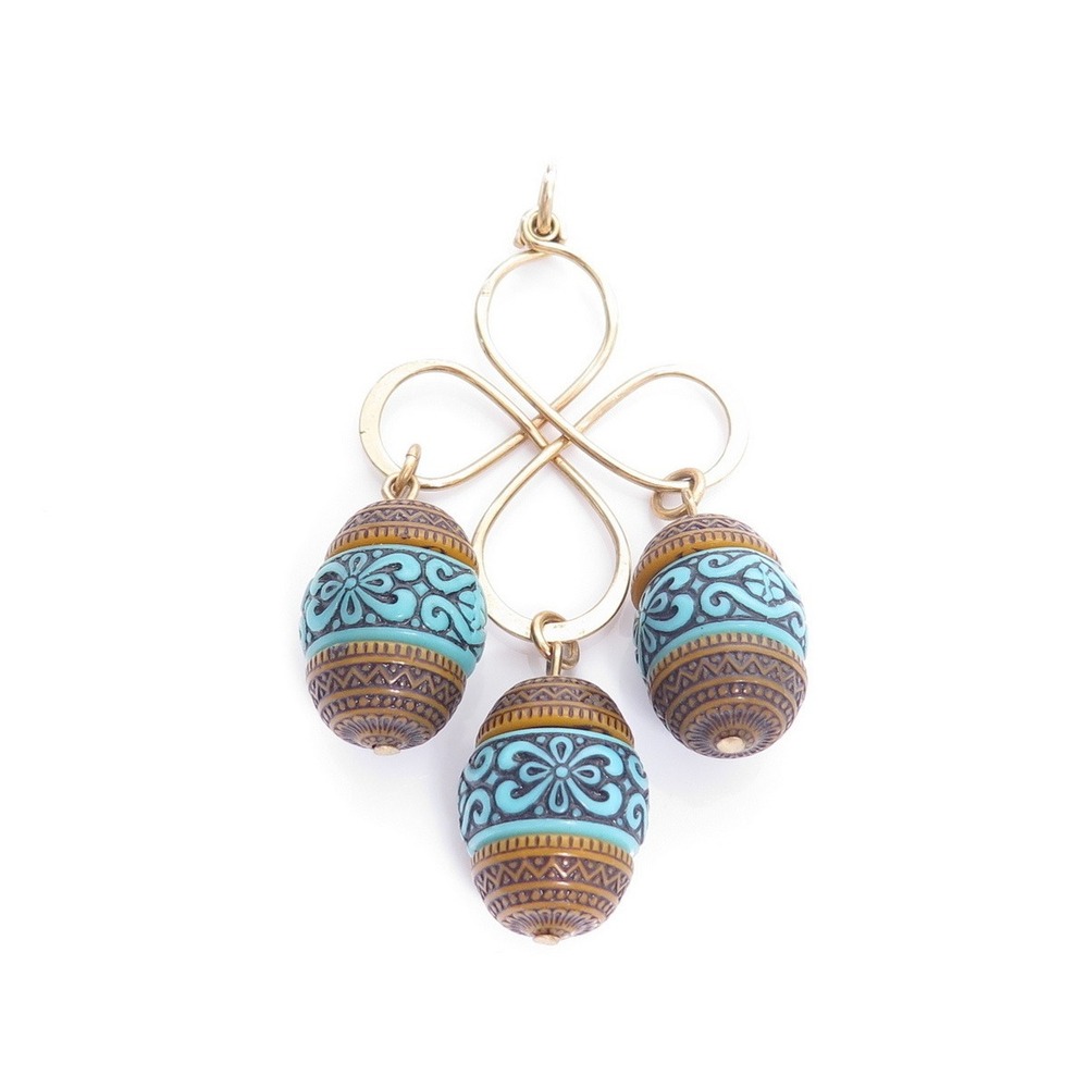Vintage Large Gold Filled Turquoise Brown Beaded Dangle Necklace Pendant‎ A913